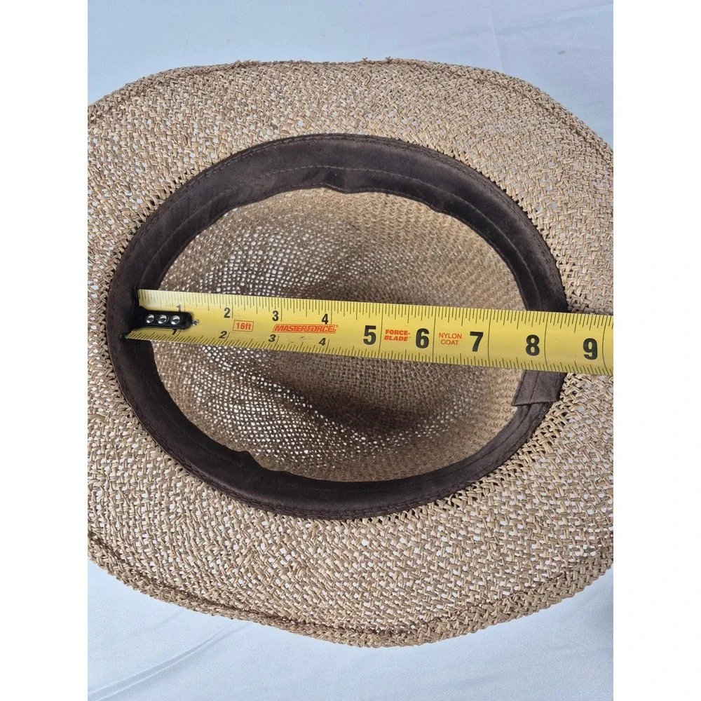 Panama Jack Straw Fedora‎ Hat Tan Woven Sun Hat Blue Denim Band Mens Womens